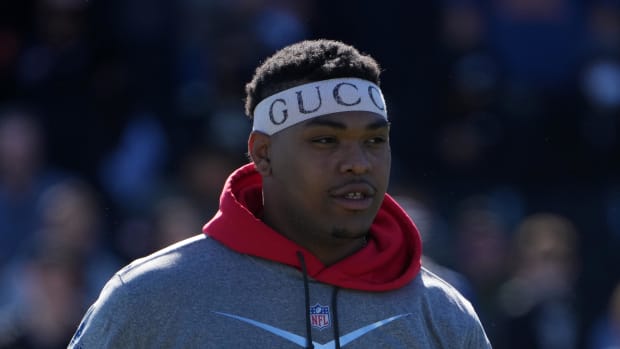 Feb 5, 2022; Las Vegas, NV, USA; Kansas City Chiefs tackle Orlando Brown reacts during AFC practice at the Las Vegas Ballpark. Mandatory Credit: Kirby Lee-USA TODAY Sports